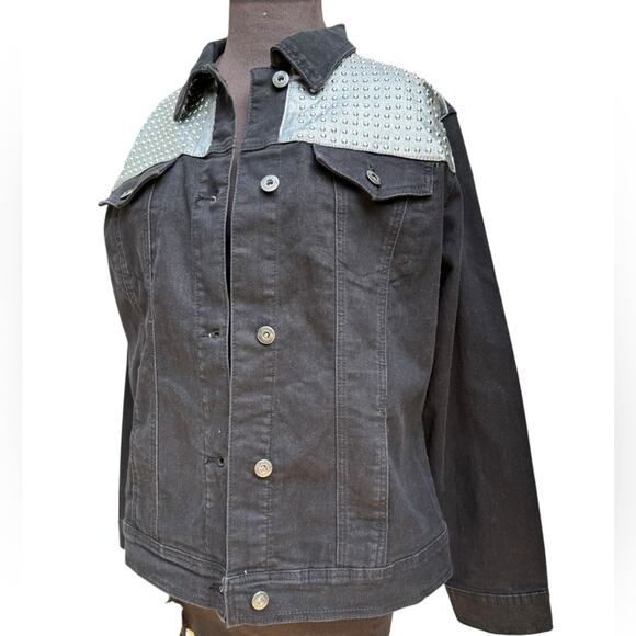 Y2K Silver Studded Black Denim Trucker Jacket Women's Size M Edgy Western Baddie - Picture 5 of 8